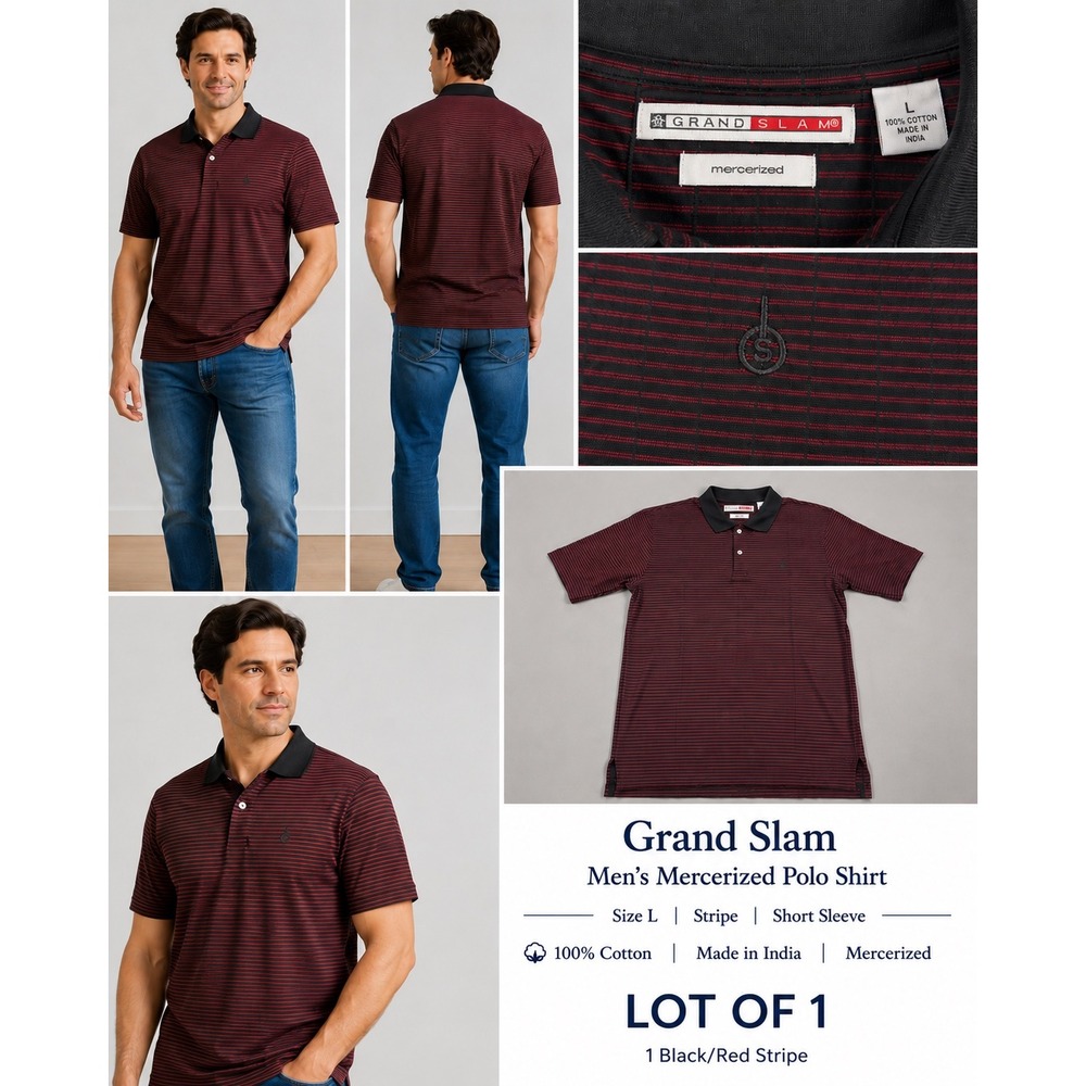 Grand Slam Mens Mercerized Polo Shirt Large Red Black Striped Shrt Sleeve Cotton